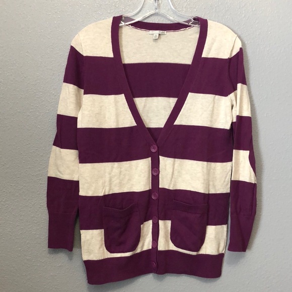 Halogen striped cardigan sweater Women's XS Purple white button V neck top - Picture 11 of 11